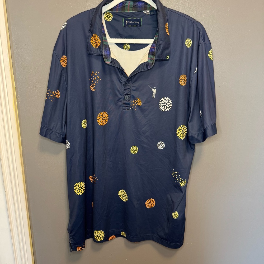 William Murray Golf Navy Polo with Floral Patterns